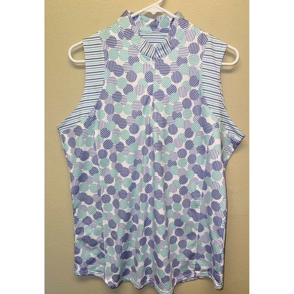 Bette & Court 1/4 Zip Sleeveless Shirt Large Blue Green Striped Dot Golf Tennis